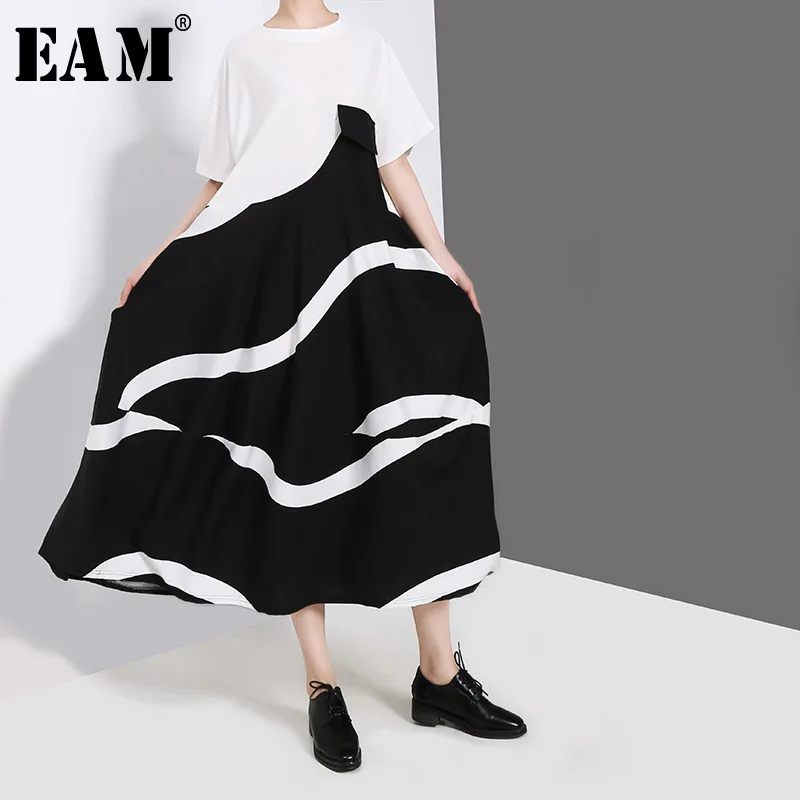 

[EAM] Women Black Striped Split Joint Contrast Color Dress New Round Neck Short Sleeve Loose Fit Fashion Spring Autumn 2019 JZ42