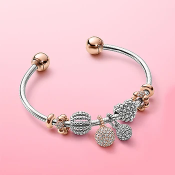 

Original S925 Sterling Silver Bracelets openwork Heart Set Ball Pendant Open Bracelet Bangles Beads Charm Fashion Jewelry Gifts