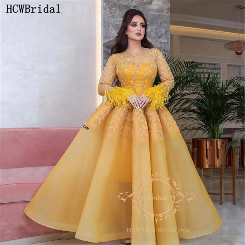 Exquisite Long Sleeves Gold Beads Arabic Evening Dress With Feather High Quality Organza Plus Size Special Occasion Prom Gowns | Свадьбы и