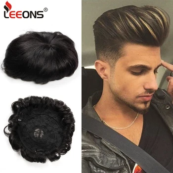 

Leeons High Quality Men’s Hair Toupees 18cmx20cm Natural Color Men’s Human Hairpiece Topper Replacement With Clips