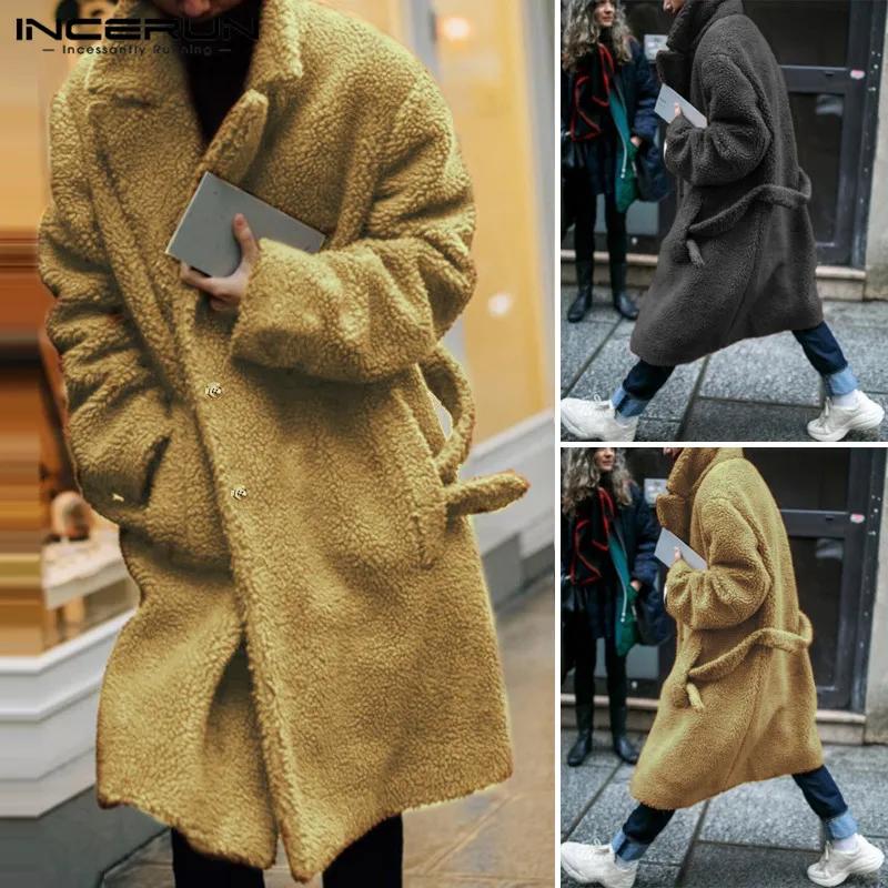 

Fake Fleece Men Jackets Coats Long Sleeve Fashion Button Outerwear Winter Solid Warm Fluffy Men Long Overcoat 2019 INCERUN S-5XL