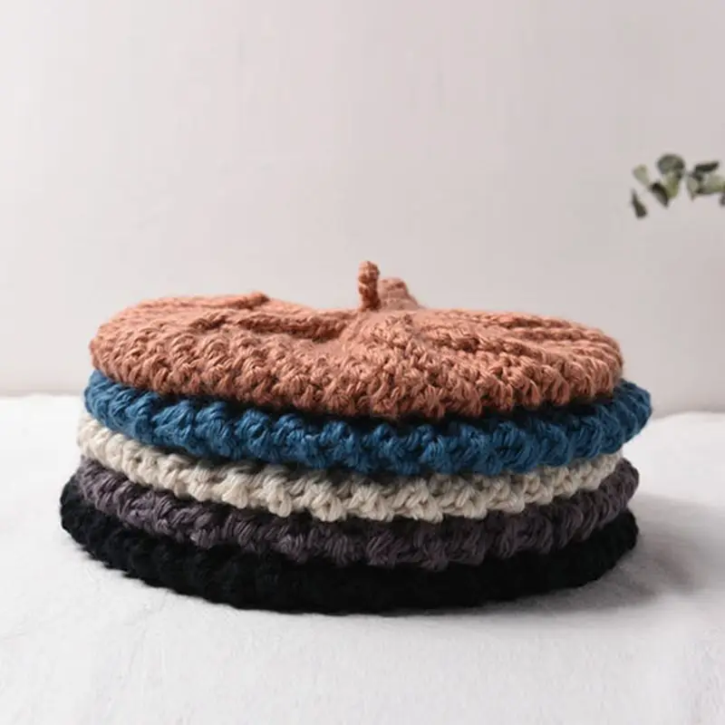

Women Girls Chunky Cable Knit Beret Cap Handmade Crochet Stretchy Pumpkin Hat
