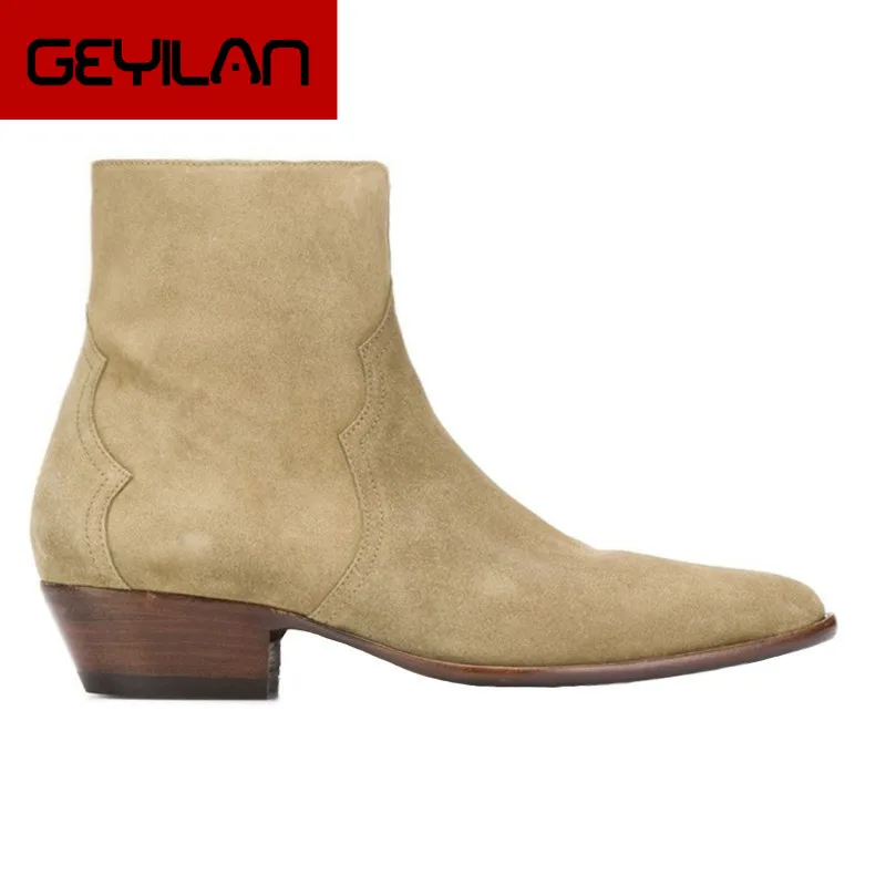 

Genuine Leather British Pointed Toe New Men Shoes Designer Spring Work Business Wedding Ankle Boots Dress Chelsea Boots