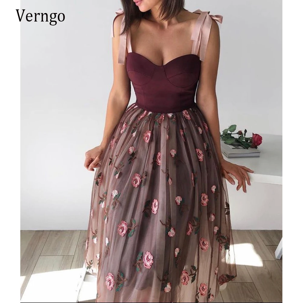 Verngo 2021 New Vintage A Line Tulle Short Prom Dresses With Ribbon Straps Floral Skirt Tea Length Women Casual Gowns Plus Size