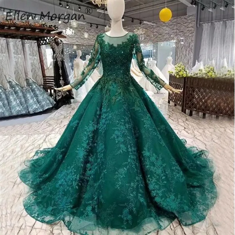 Vestidos De Novia, темно-зеленое кружевное свадебное платье,, элегантное, с длинным рукавом, вырез лодочкой, аппликация, официальное, бальное платье невесты для мусульманских женщин
