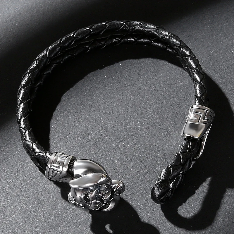 Leather Bracelet Fashion Bangle Men Jewelry Black Double Layer Stainless Steel Punk Daemon Charm Current PS1018