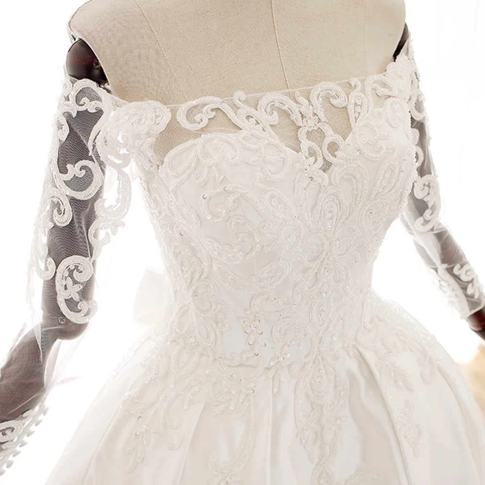 Vestido De Noiva индивидуальный заказ с длинным рукавом и отделкой из бус аппликации бант Атласное Бальное платье свадебные платья плюс размер 2019
