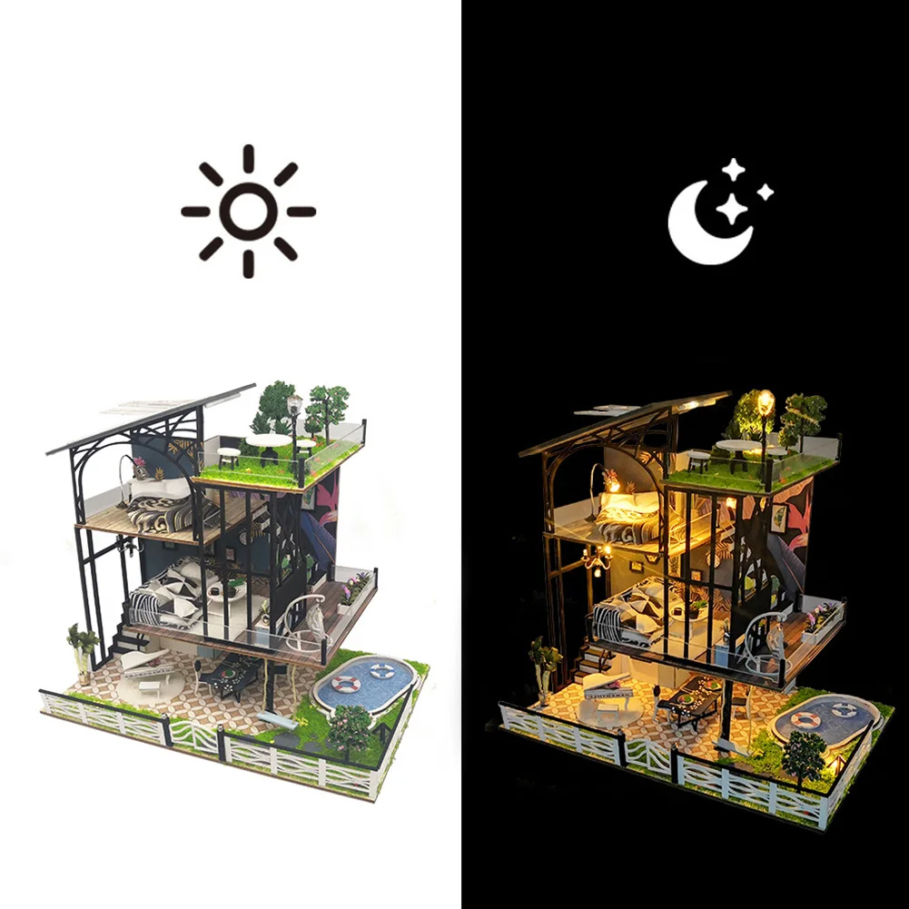 Подарок миниатюрный деревянный сборочный 3D DIY кукольный домик набор трехэтажная вилла модель моделирование головоломки игрушки с мебели дети 1:24