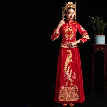

Asian Traditional Bride Wedding Dress Suit Embroidery Vintage Phoenix Qipao Exquisite Flower Cheongsam Classic Evening Costume