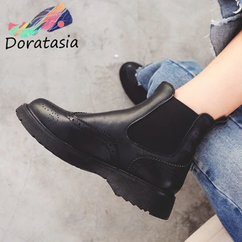 

DORATASIA Brand New Genuine Leather Slip On Skidproof Sole Ankle Chelsea Boots Stylish Brogue Winter Shoes Boots Women