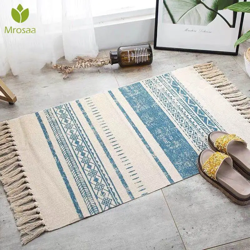 

High Quality 60*90CM Retro Bohemian Hand Woven Cotton Linen Carpets Tassel Bedside Rug Geometric Floors Mats Bedrooms Home Decor