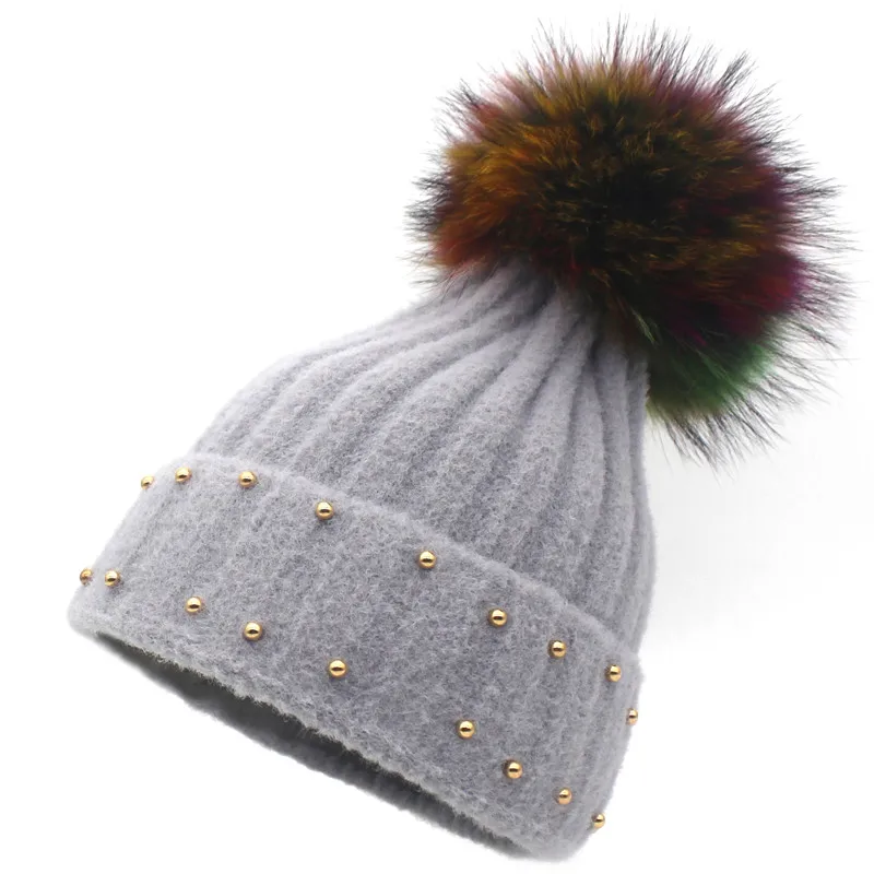 Ditpossible новые модные вязаные шапочки skullies для девочек кепки разноцветные шапки из натурального меха помпон зимняя шапка