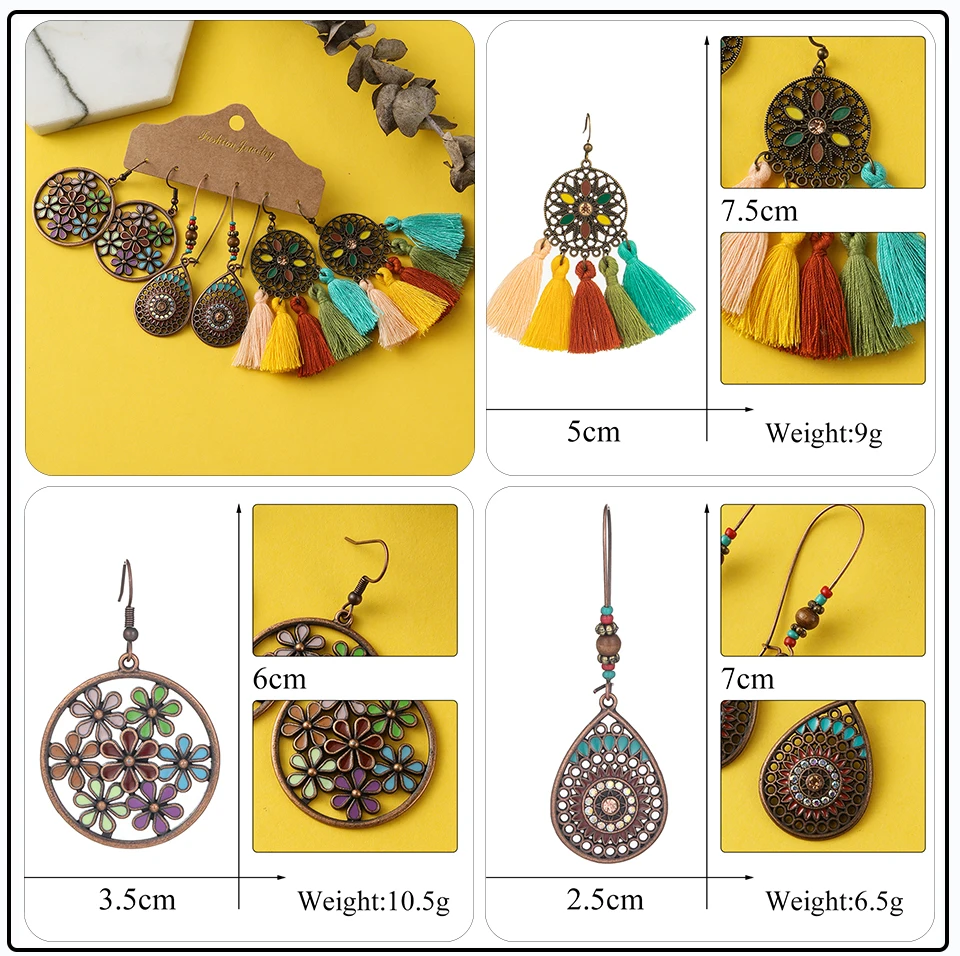 41 Style Silver Rose Gold Color Earrings Ethnic Bohemia Vintage Mixed Styles Long Leaf Big Round Circle Shell Shape Wooden Stones Beads Geometric Bronze Met (28)