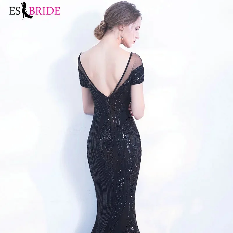 Robe De Soiree, новинка, сексуальное, иллюзионное, v-образный вырез, короткий рукав, Русалка, черное, длинное, вечернее платье, элегантное, Abendkleider ES3028