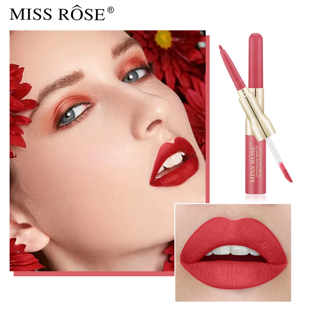 

MISS ROSE double head lip gloss lip line Pen Lip Gloss cross border foreign trade makeup matte waterproof Lip Glaze