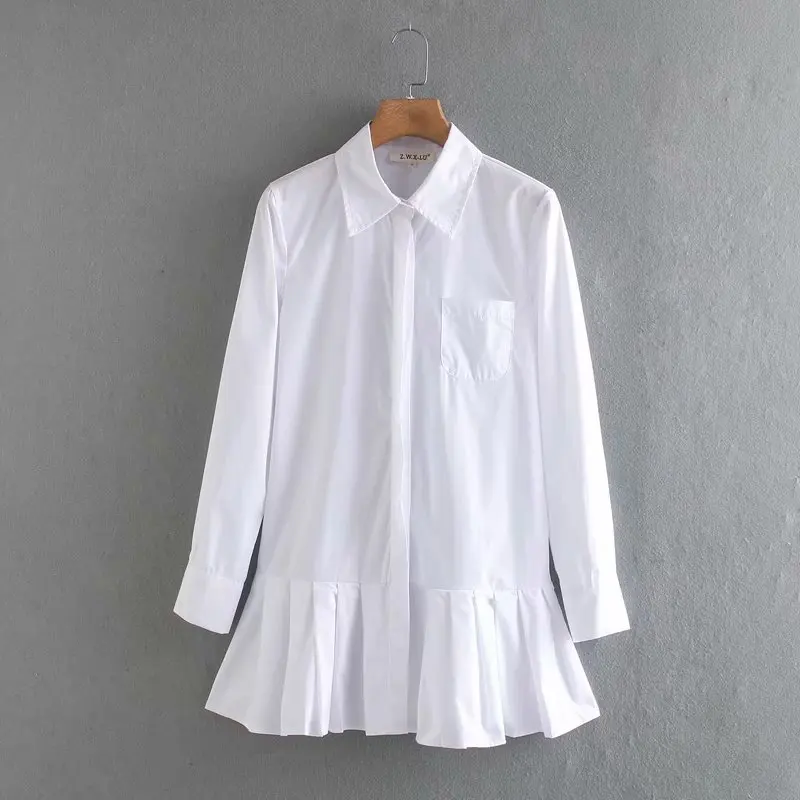 

Long sleeve chic vestidos business women clothing dresses 2021 New women solid color hem pleated white mini dress elegant