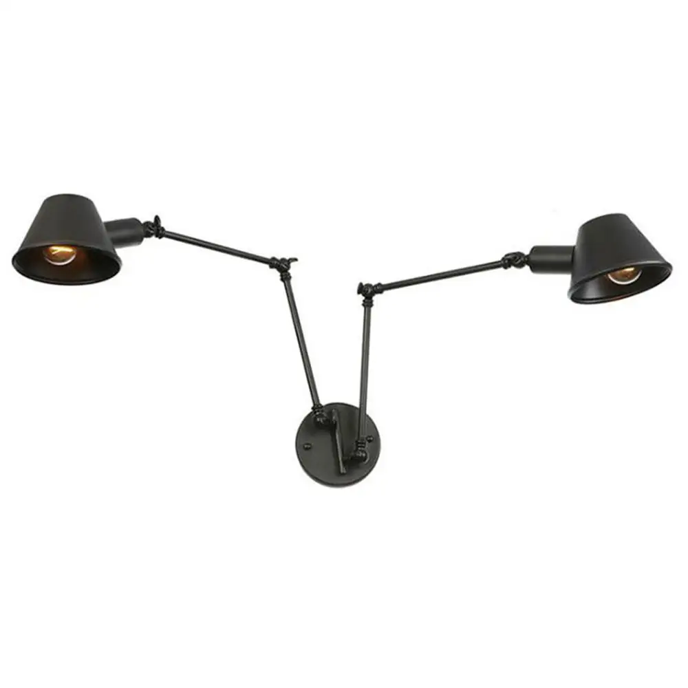 Lampada Da Parete A Braccio Oscillante Doppio Regolabile – Vintage In Metallo Nero, Attacco E27, Per Lettura E Studio