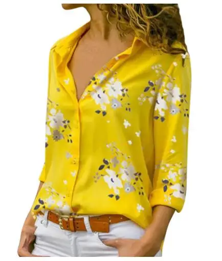 printed yellow Женские топы, блузки, элегантные с длинным рукавом, одноцветные с v-образным вырезом, шифоновая блузка, Женская рабочая одежда, рубашки размера плюс, блузка, женская блуза - Color: printed yellow