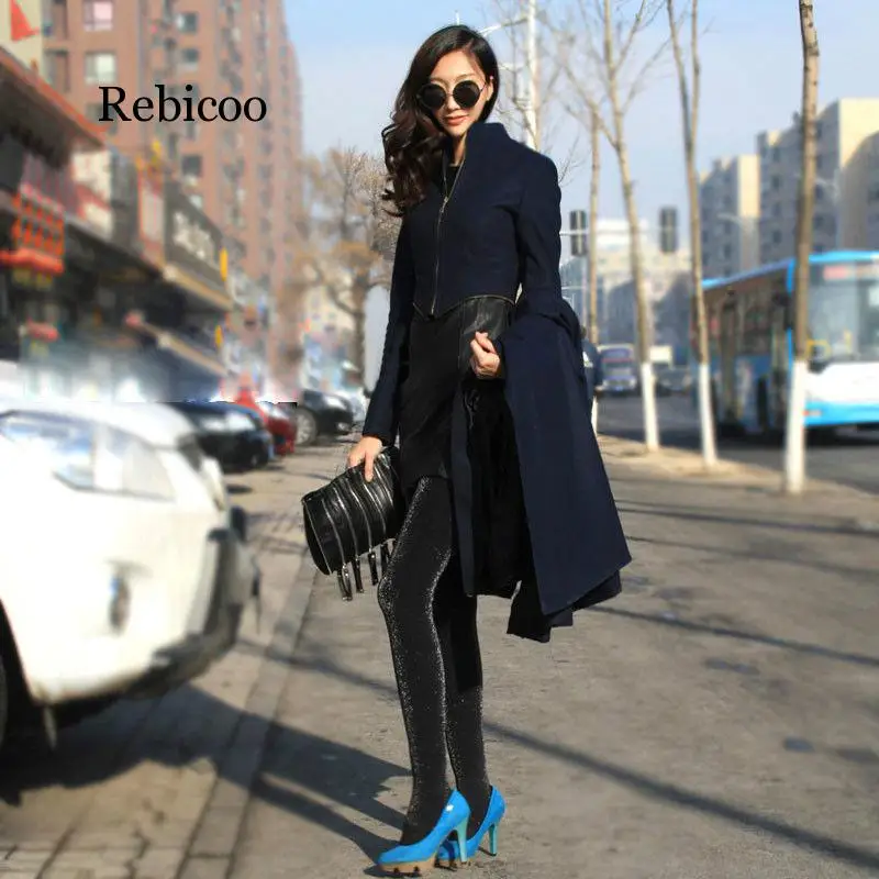 navy blue Женская шерстяная смесь, осень и зима, большой размер, богиня, тонкая, с разрезом, с разрезом, для уборки, длинная, шерстяная, шерстяная ткань, пальто - Цвет: navy blue