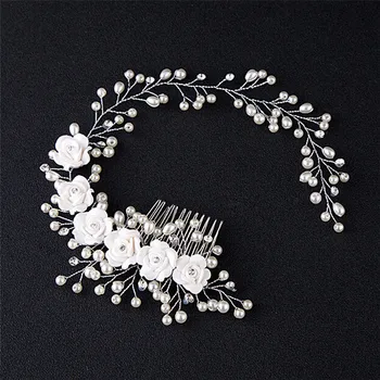 

White Flower Pearls Hair Combs Handmade Austrian Crystal Wedding Hair Jewelry Accessories Bride Hairpieces