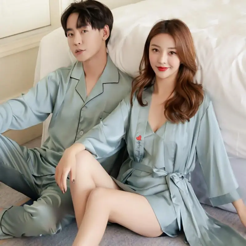 Autumn Men Pajamas Set Ice Silk Long Sleeve V Neck Couple Lovers Pajamas 2pcs Plus Size M-3XL Leisure Loose Home Pyjamas Wedding