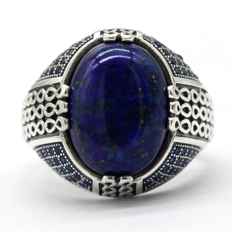 Lapis Lazuli Stone for Men 925 Sterling Silver Blue Stone Vintage Stripe Ring Turkish Thai Silver Jewelry for Male Women Gift - Image 2