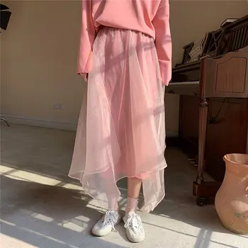 

HziriP Elastic Waist Patchwork Mesh Chic 2020 Solid Cute New Girls Streetwear Women Sweet High Waist All-Match A-Line Skirts