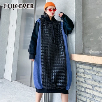 

CHICEVER Patchwork Denim Hit Color Sweatshirt Women O Neck Long Sleeve Plus Velvet Thick Oversize Female Sweatshirts 2020 New