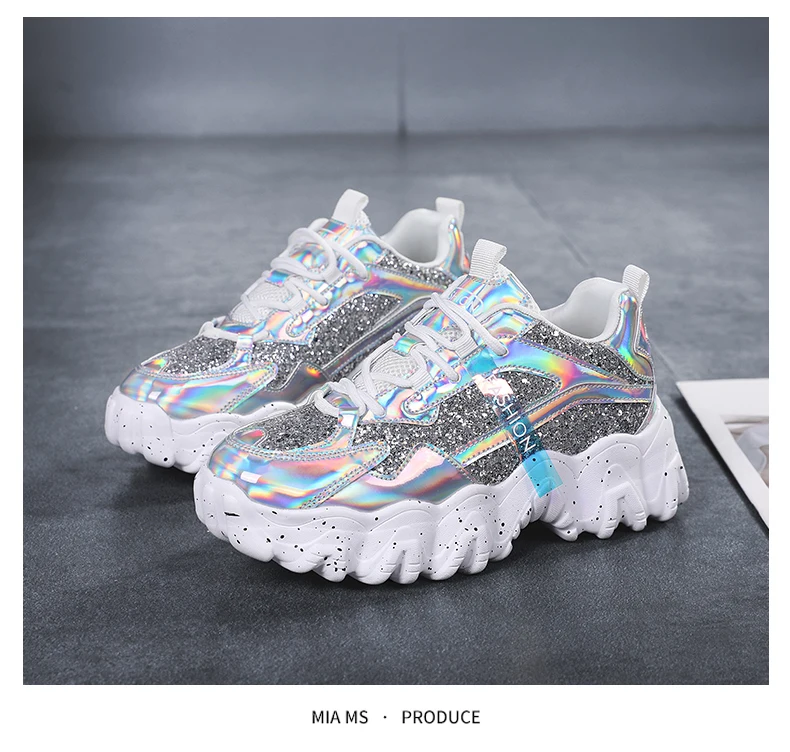 Zapatillas de deporte brillantes para zapatos planos con plataforma alta calidad, informales, gruesas, a la moda|Zapatos vulcanizados mujer| -