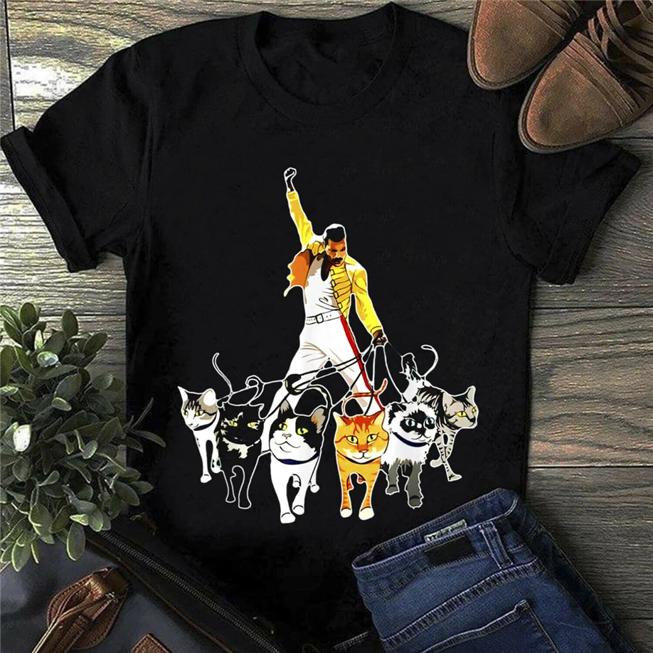 Freddie Mercury Queen And Cat Lovers Performance Men'S Black T Shirt S-6Xl Custom Print Tee | Мужская одежда