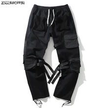 Боковые Лоскутные карманы с регулируемыми лентами мужские черные брюки карго хип хоп Уличная эластичная талия мульти-карманы повседневные брюки