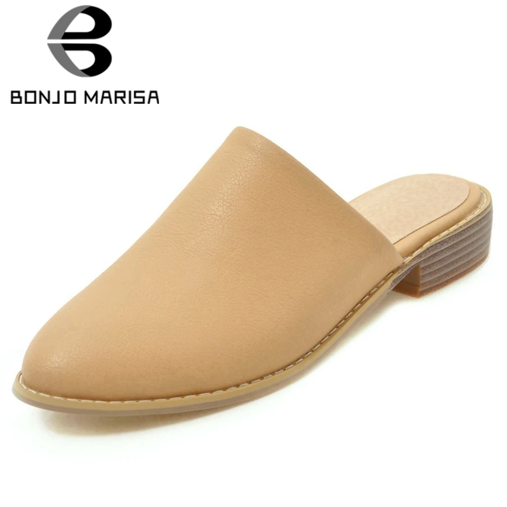 

BONJOMARISA 34-48 Lady Elegant Solid Casual Mules Summer Daily slip-on Low Heels Pumps Women Summer Holiday Shoes Woman