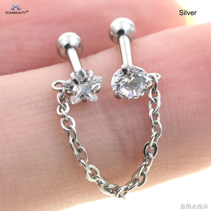 Silver 1,2*6 мм круглый белый драгоценный камень звезда трагус пирсинг спираль пирсинга хрящей серьги из нержавеющей стали кисточкой кольцо для носа и уха пирсинг - Окраска металла: Silver
