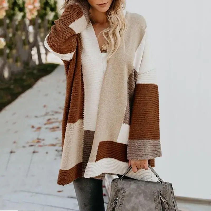 ^*Best Offers Fall 2019 Winter Geometric Splice Cardigan Women Loose Cardigans Long Sweaters