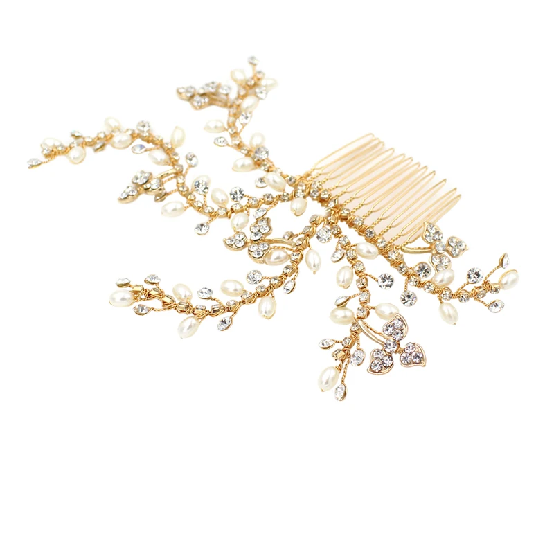 Floralbride Handmade Gold Color Crystal Rhinestone Pearl Flower Wedding Hair Comb Bridal Headdress Hair Accessory Women Jewelry