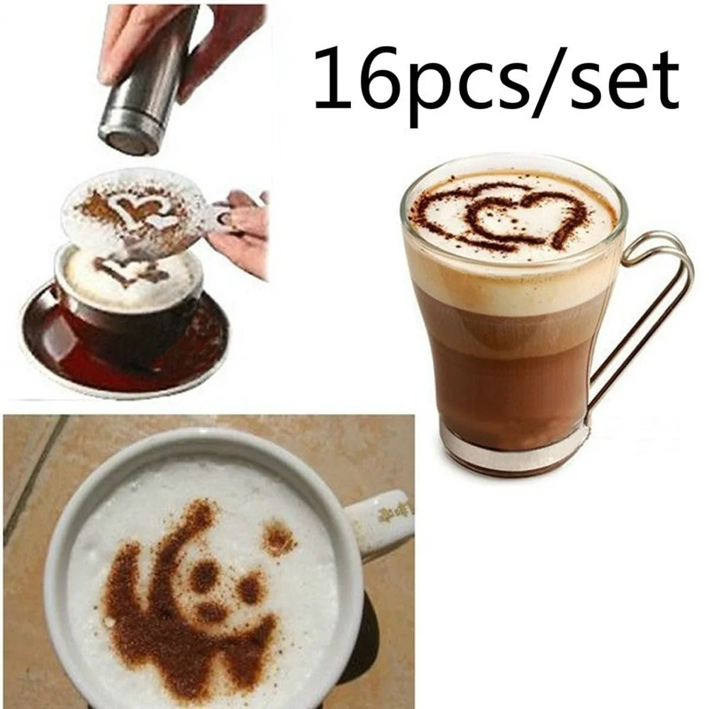 

16pcs Coffee Stencil Filter Coffee Maker Cappuccino Coffee Barista Mold Templates Strew Flowers Pad Spray Art Coffee Tools Hot
