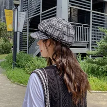 Берет в стиле винтаж шапки для женщин зима осень газетные шапки женские британский стиль плед хлопок восьмиугольная шапка береты шапка сохраняет тепло