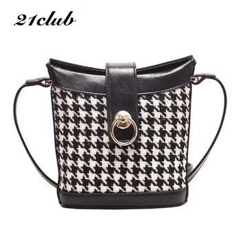

21CLUB Brand Small Casual Vintage Plaid Bucket Ladies Shoulder Bags Shopping Party Purse Fashion Women Crossbody Messenger Bags