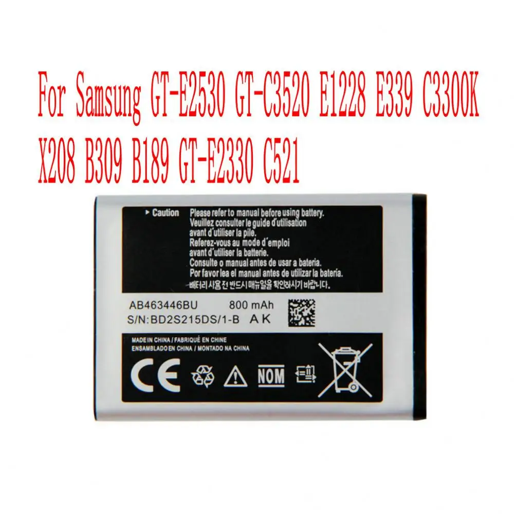 Аккумулятор AB463446BU для Samsung 800 мАч аккумулятор E1228 E339 C3300K X208 B309 B189 C521 мобильных