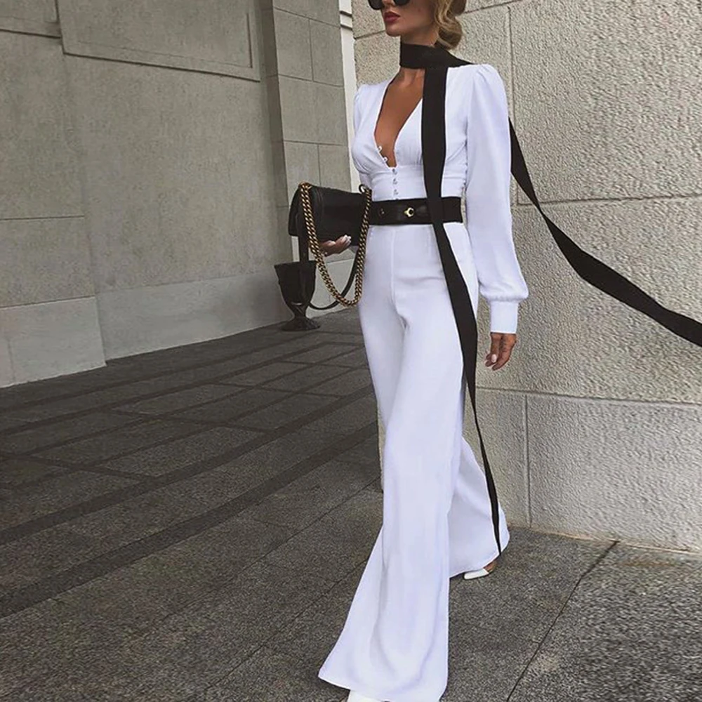 

LOOZYKIT Women Autumn Office Lady Deep V Neck Long Sleeve Jumpsuits Autumn Solid Slim Boot Cut Pants Women Jumpsuit