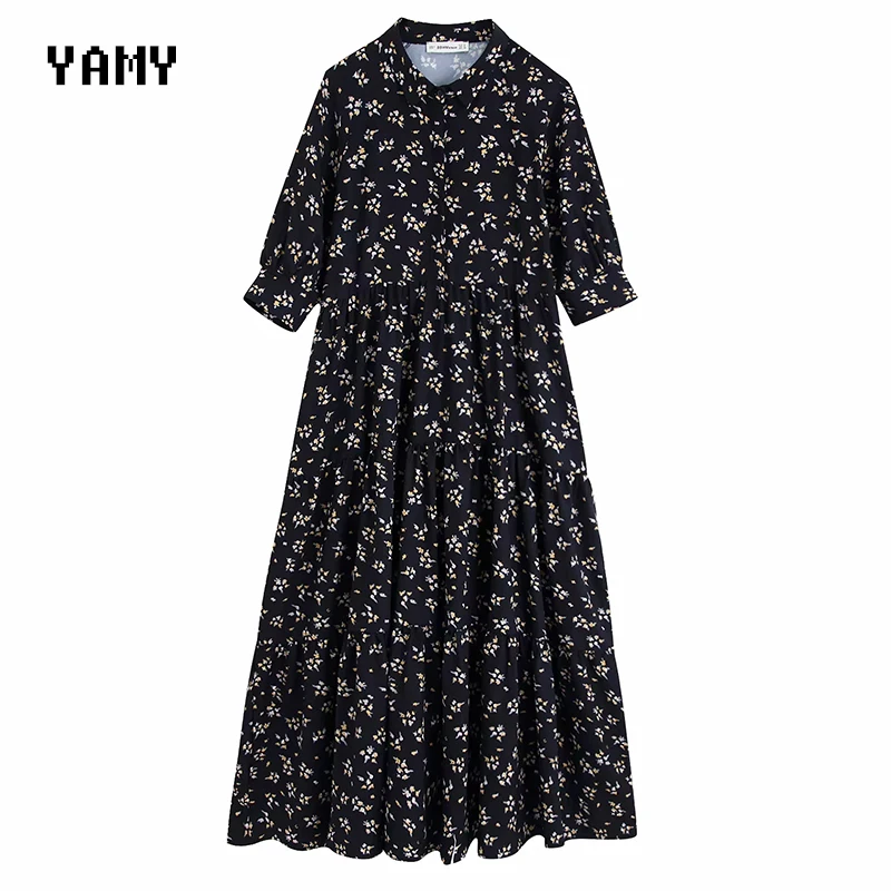 

Half sleeve yellow flower print Womens zora Dress turn down collar high waist black pleated Dress Fall za botton Dress Vestidos