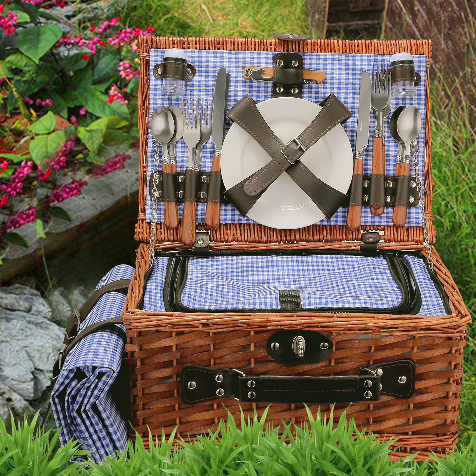 Cesta de picnic para 4 personas, juego de cestas de sauce con compartimento  aislado, hecho a mano grande de mimbre con utensilios y cubiertos