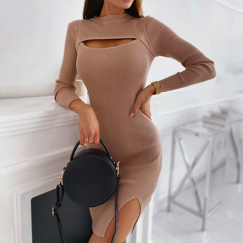 Женское трикотажное платье на молнии с V образным вырезом и длинным рукавом|dress