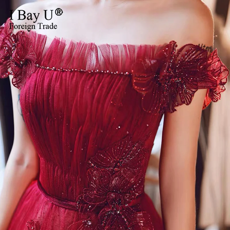Robe De Soiree Wijn Rode Banket Elegante Avondjurk 3D Kralen Kant Bloem Lange Luxe De Bruid Partij Prom Jurken custom Robe De Soiree Wijn Rode Banket Elegante Avondjurk 3D Kralen Kant Bloem Lange Luxe De Bruid Partij Prom Jurken custom