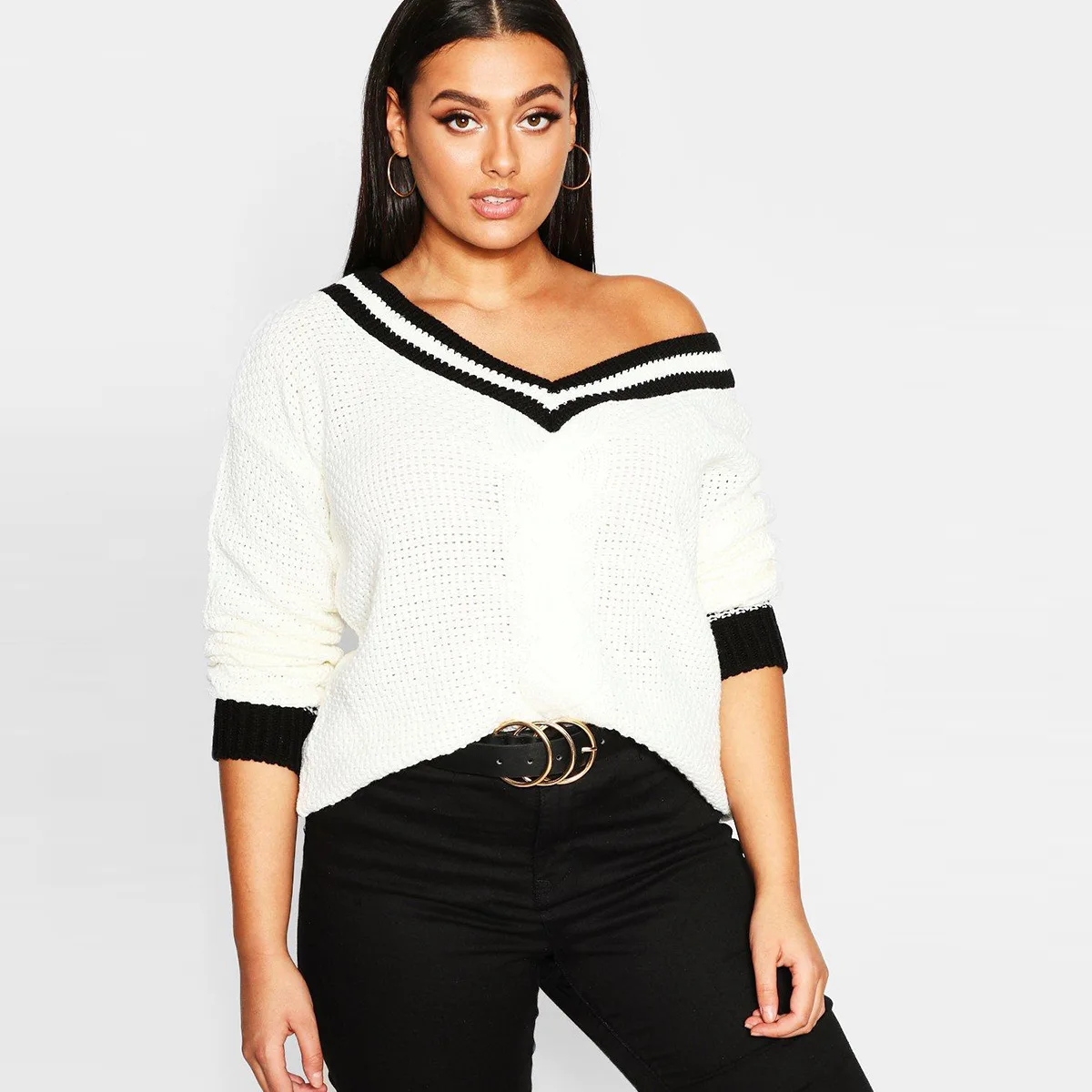

Kisilk Simple V-neck College Style Large Size Contrast Color Knitted Linen Flower Color Long Sleeve Pullover 2020 Autumn New