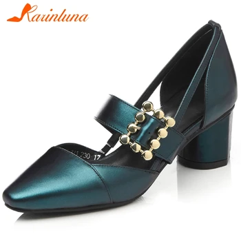 

Karinluna 2020 New Fashion Genuine Cow Leather Buckle Strap Shoes Woman Pumps Female Chunky Heels Concise Pumps Women Shoes