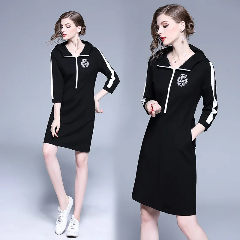 

2018 Autumn New Style WOMEN'S Dress Zipper Placket Sleeves Contrast Color Spell Stripes Casual Hoodie Dress Fashion