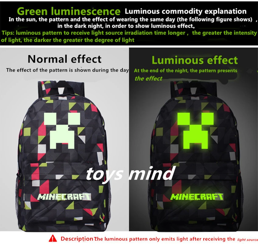 

2019 Newest Royal Oxford "Minecrafting-Glowing School Bag" model minecraftee creeper backpack for unisex GAME Birthday gift kids