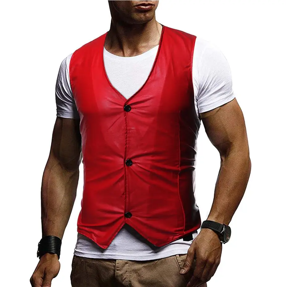 Брендовый кожаный жилет для мужчин модный однотонный облегающий жилет без рукавов мужской однобортный жилет Chalecos Para Hombre - Цвет: Red Vest Men