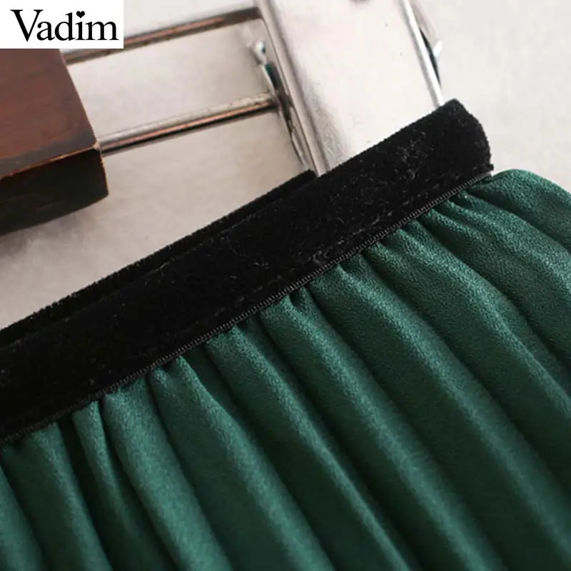 Vadim women chic lace patchwork chiffon pleated skirt elastic waist irregular design female casual green midi skirts BA819